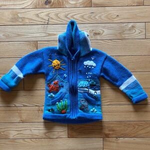 Children's Blue Hooded Zip Sweater with Ocean Appliqué